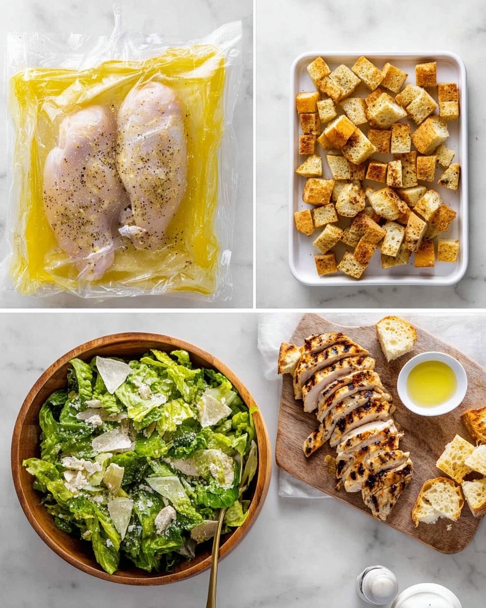 The image shows three side-by-side photos on a white marbled surface. The first photo features two raw chicken pieces inside a clear plastic bag with a yellow sauce, sprinkled with black pepper, and sealed at the top. The second photo shows a white rectangular tray filled with golden-brown toasted bread cubes, with a small white bowl of olive oil placed in the lower middle part of the tray. The third photo shows a meal setup with grilled sliced chicken pieces with dark grill marks on a wooden board at the top left; below it, there is a wooden bowl full of fresh green lettuce leaves with creamy white dressing on top, and a gold fork inside the bowl. At the bottom right, some toasted bread cubes are visible on a white rectangular tray, with a white small bowl of creamy dressing and a pepper grinder nearby. Photo taken with an iphone --ar 4:5 --v 7