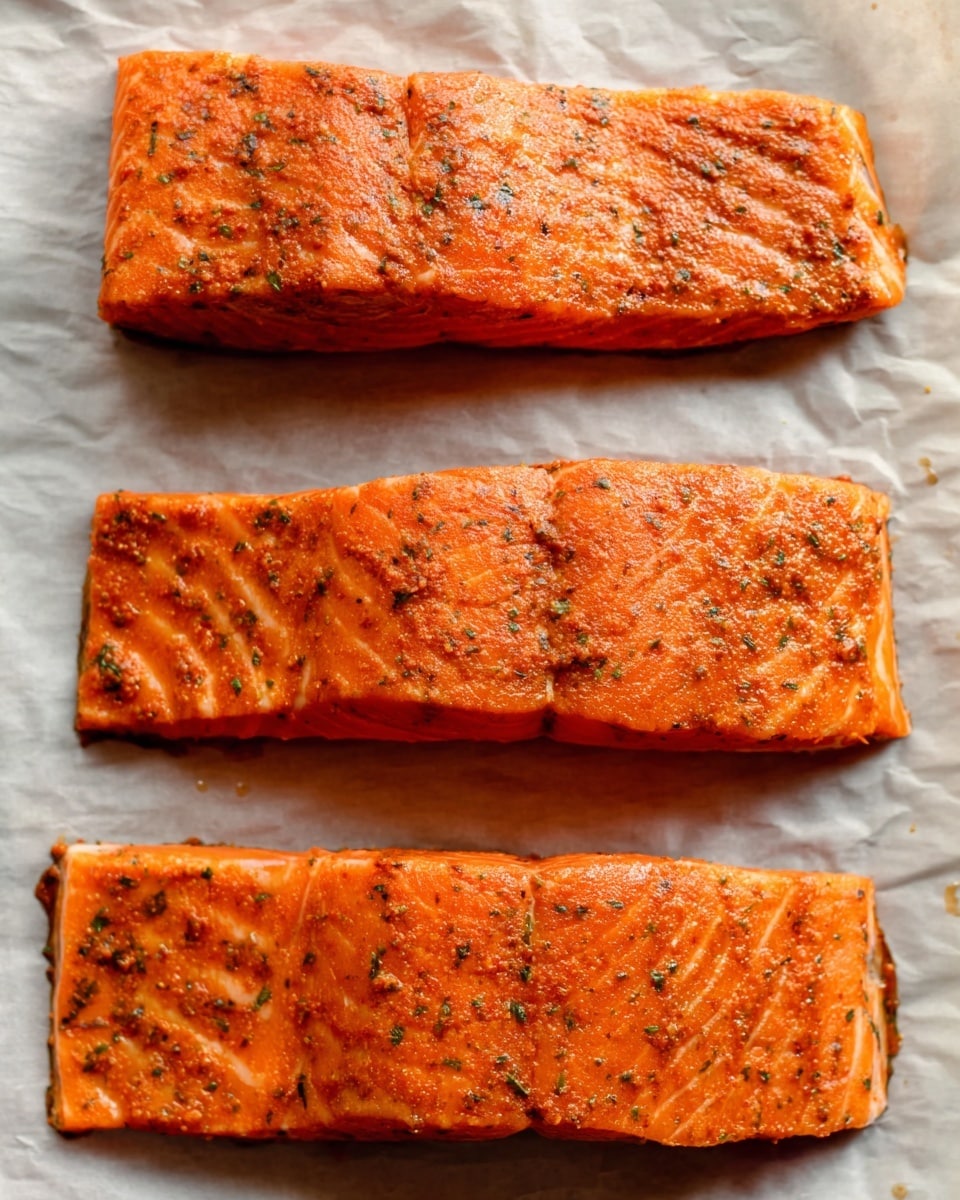 Three rectangular pieces of seasoned salmon fillets lay flat on a sheet of parchment paper, arranged vertically in a single column. Each salmon portion is coated evenly with a reddish-orange sauce mixed with flecks of herbs, giving them a textured surface. The fillets have distinct lines showing their natural flesh layers. The background is a white marbled texture. photo taken with an iphone --ar 4:5 --v 7