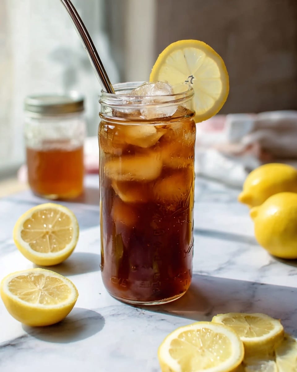 A tall clear glass jar filled with dark brown iced tea with ice cubes floating on top, a thin round slice of lemon inside the drink near the middle, and a lemon slice placed on the rim of the jar. A shiny metal straw is inside the jar. Around the jar, there are several lemon halves and a glass jar with honey visible on a white marbled surface. The background is softly blurred with bright natural light. photo taken with an iphone --ar 4:5 --v 7