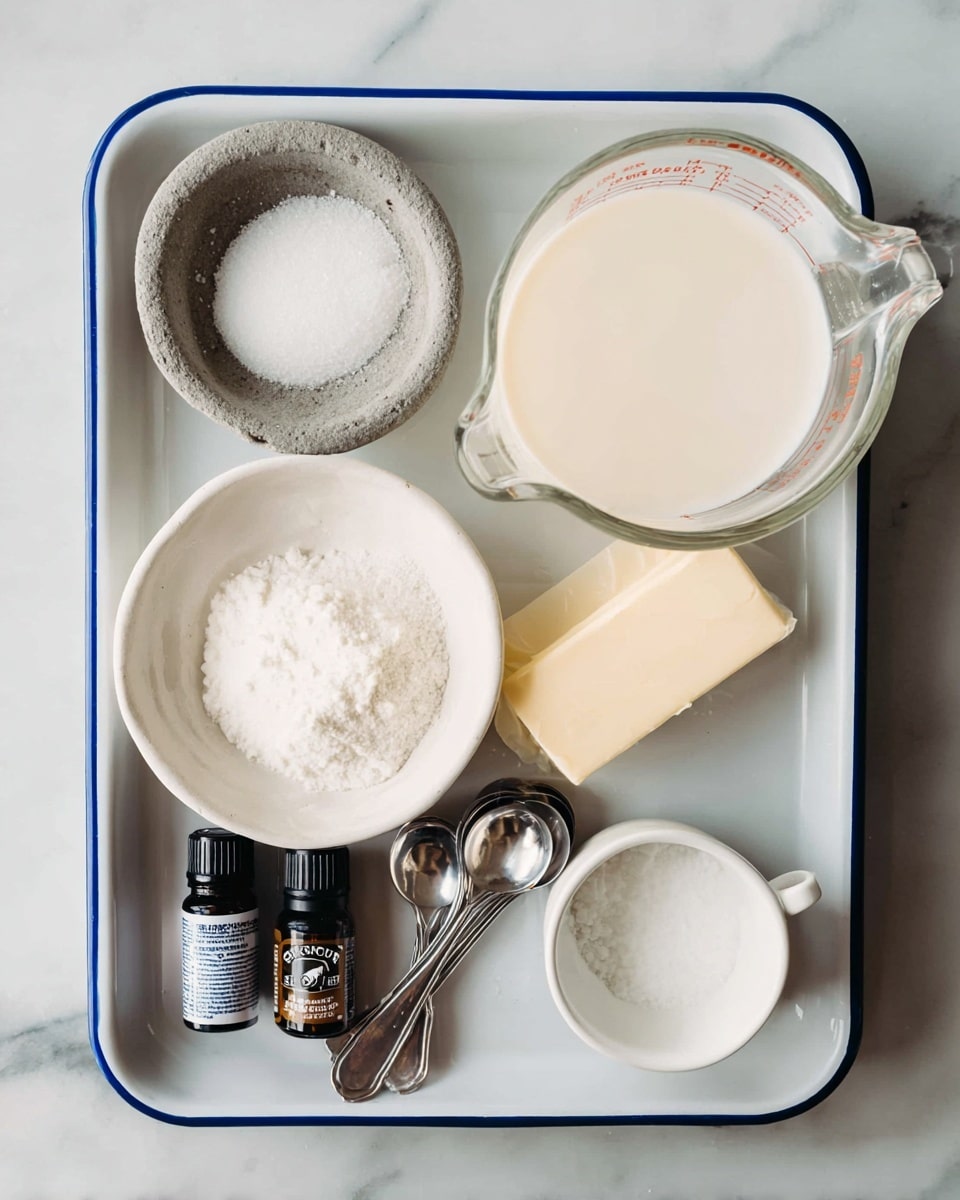 A white tray with a blue rim holds several baking ingredients arranged neatly. In the top right corner, a glass measuring cup filled with creamy white liquid sits next to an unwrapped stick of pale butter. Below the butter are two metal measuring spoons stacked on top of each other. To the bottom right is a small white ceramic cup containing a white powder. In the center of the tray, a white bowl is filled with granulated white sugar. To the top left is a small round stone bowl with coarse white salt. Two small dark bottles, one with a white label and the other labeled coconut extract, rest at the bottom left of the tray. The tray is placed on a white marbled surface. photo taken with an iphone --ar 4:5 --v 7