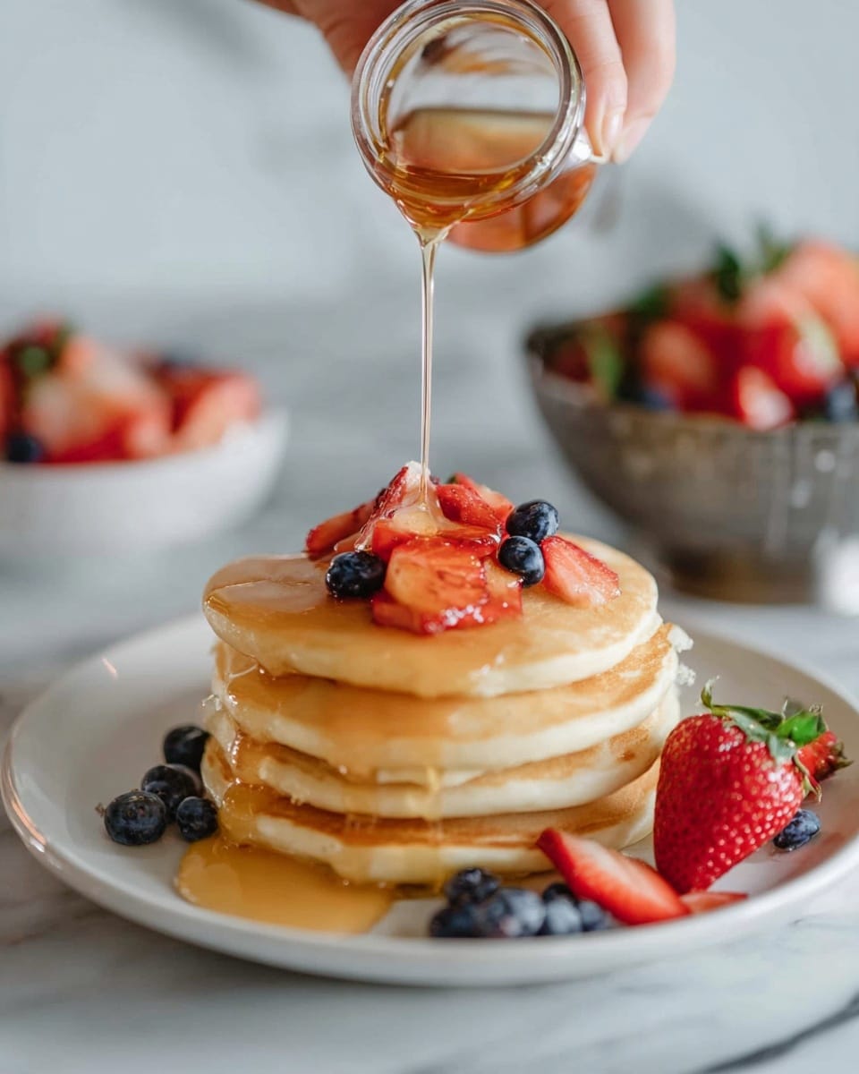 A stack of four golden pancakes sits on a white plate, surrounded by fresh blueberries and sliced strawberries with a whole strawberry on the right side of the plate. A woman's hand is pouring a light amber syrup from a small glass jar, drizzling it over the top of the pancakes where a few strawberry slices rest. The syrup flows down the sides of the pancakes, pooling slightly on the plate. The background is a white marbled surface with a blurred metal bowl filled with strawberries and a white bowl with sliced strawberries visible in the background. Photo taken with an iphone --ar 4:5 --v 7