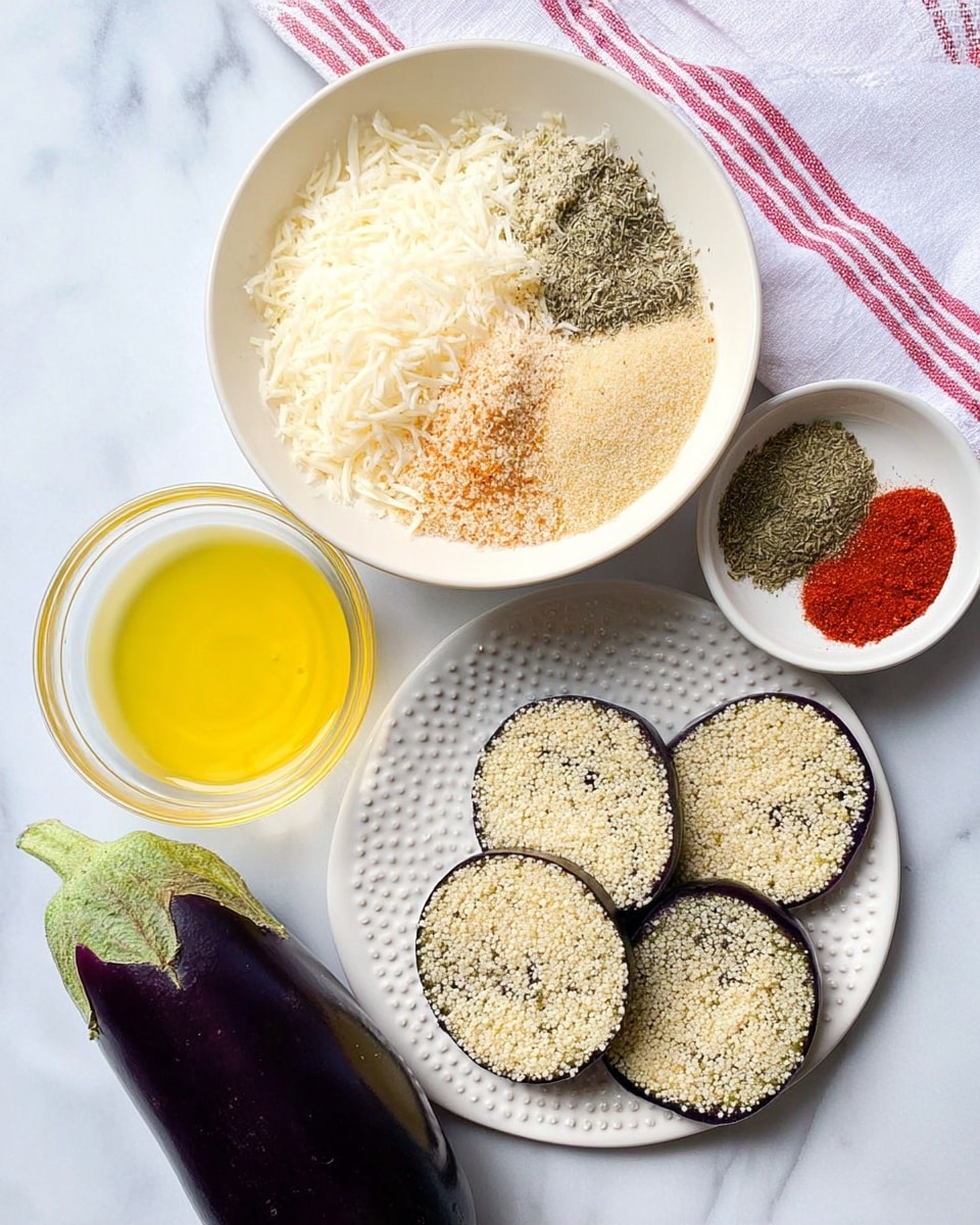 The image shows a white bowl filled with five separate piles of dry ingredients: shredded white cheese, light brown powder, green dried herbs, red powder, and fine beige breadcrumbs. Next to it, there is a clear glass bowl holding melted yellow butter. On a white plate with a dotted texture, five round slices of light purple eggplant with scattered seeds are neatly arranged, slightly overlapping each other. A whole shiny dark purple eggplant rests beside the plate on a white marbled surface with a white and red striped cloth nearby. photo taken with an iphone --ar 4:5 --v 7