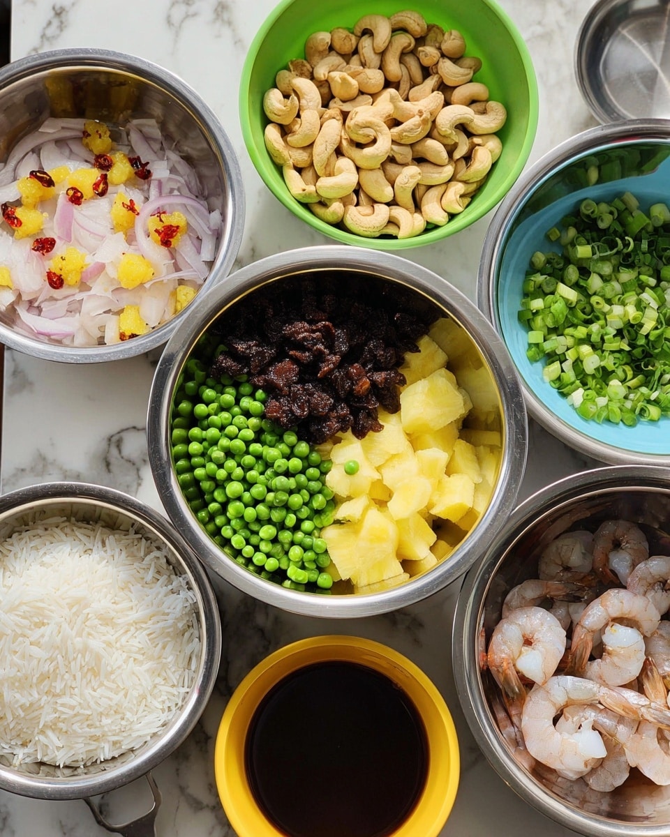 The image shows several small bowls arranged on a white marbled surface, each containing different ingredients. At the center is a large metal bowl with three layers: bright green peas, dark brown raisins scattered evenly, and pale yellow pineapple chunks mixed in. To the left, there is a metal bowl with thin slices of pale pink shallots topped with small chunks of yellow ginger and tiny red chili bits. Above it, a green bowl holds a pile of whole, light brown cashew nuts. A small blue bowl filled with finely chopped green onions is placed nearby. On the right side, a metal bowl contains peeled, raw shrimp arranged loosely in a pile. Above this, a white bowl has a layer of cooked white rice with soft texture. In front, a shallow yellow bowl holds dark brown liquid sauce. The setup is bright and clean, every ingredient clearly shown. photo taken with an iphone --ar 4:5 --v 7