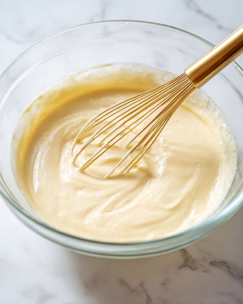 A clear glass bowl holds a pale yellow creamy mixture with a smooth, slightly thick texture. A gold whisk is partially dipped into the mixture, creating soft curved lines and subtle peaks on the surface. The bowl is placed on a white marbled surface, adding a clean and bright background to the scene. photo taken with an iphone --ar 4:5 --v 7