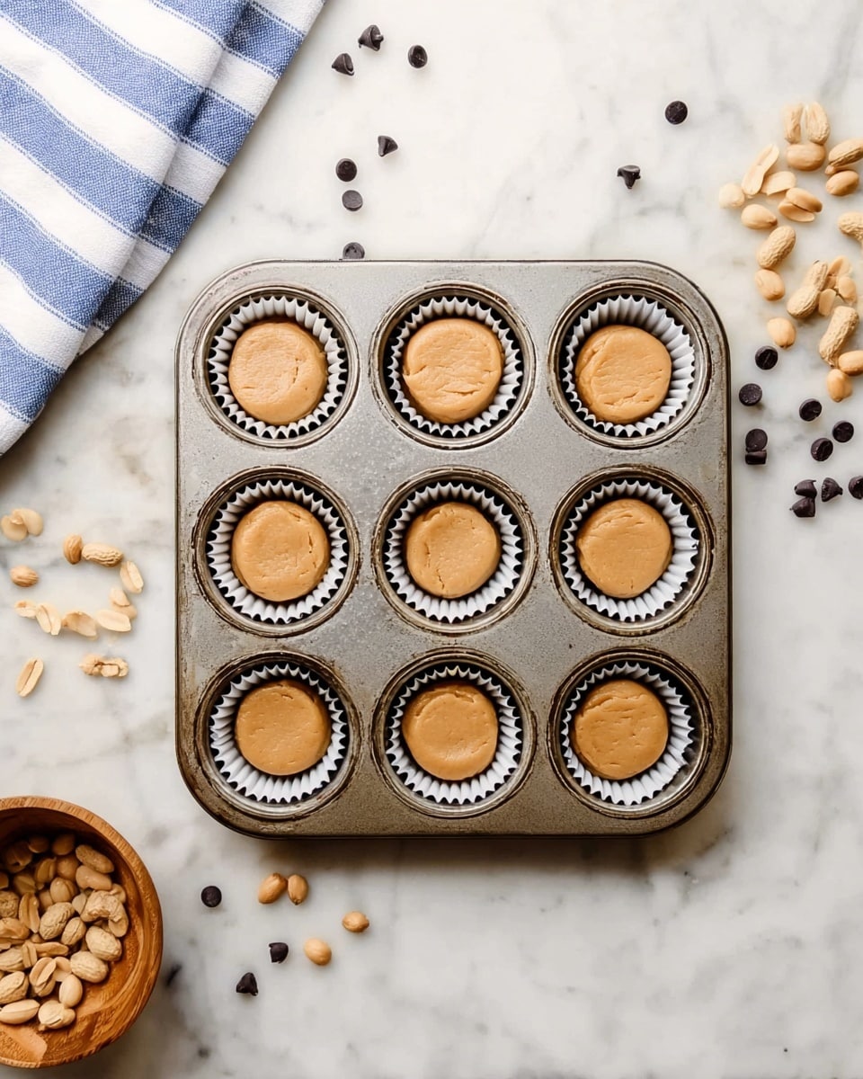A metal muffin tray with six compartments is shown from above, each lined with a white paper cup holding a round, smooth, light brown dough ball pressed flat on top. The tray is placed on a white marbled surface scattered with unshelled peanuts and small dark chocolate chips. A cloth with blue and white stripes is partly visible in the top left corner, and a wooden bowl filled with peanuts is in the bottom right. The scene is bright with soft natural light, simple and clean in composition. photo taken with an iphone --ar 4:5 --v 7