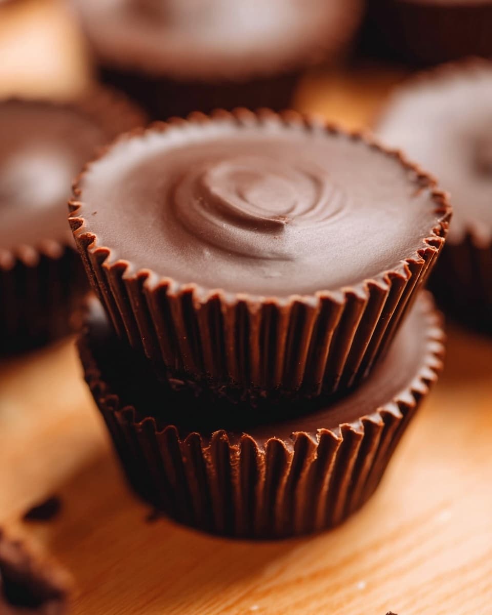 The image shows a close-up of two chocolate cups stacked on top of each other, each with smooth, shiny, dark brown chocolate on top and ridged chocolate wrappers along the sides. The top layer is glossy and solid, with a slight swirl pattern in the center. Surrounding these two are more chocolate cups blurred in the background, sitting on a warm-toned wooden surface with soft light highlighting the texture of the chocolate. photo taken with an iphone --ar 4:5 --v 7