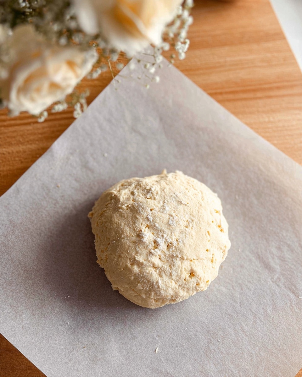 A rough round dough ball with a slightly uneven surface texture, pale beige in color with small clumps and a bit of flour dusted on top, placed at the center of a square sheet of light grey baking paper. The paper lies flat on a smooth, light wooden table. In the upper left corner, there is a blurry bunch of cream and white flowers, adding a soft touch to the scene. The overall setting is simple and clean. photo taken with an iphone --ar 4:5 --v 7