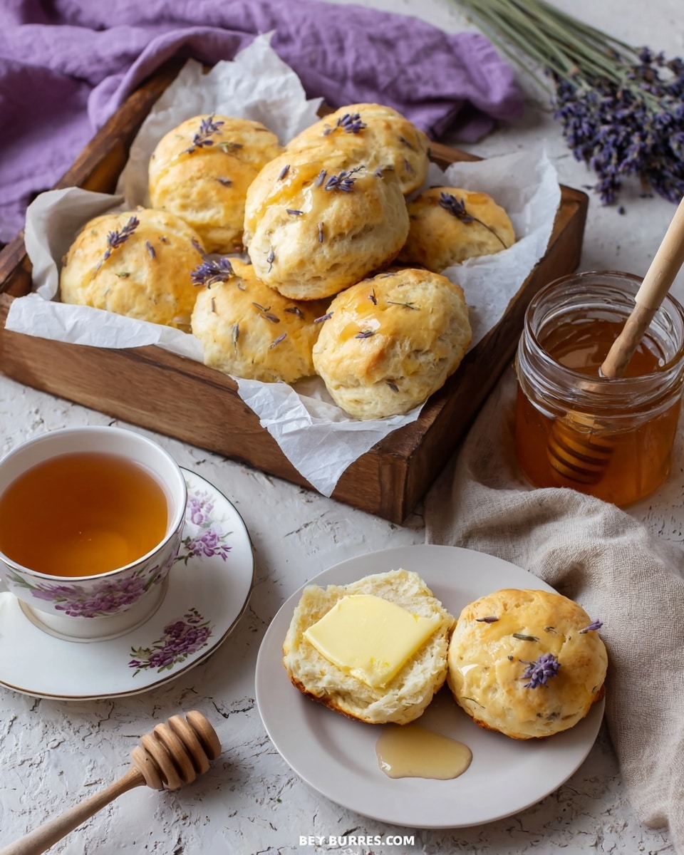 The image shows a wooden tray lined with white parchment paper holding six golden scones drizzled with honey and sprinkled with small lavender flowers. Next to the tray is a white plate with one scone split in half; the bottom half has a pat of butter melting on it. Nearby is a white teacup with purple floral designs filled with light brown tea on a matching saucer. A jar of honey with a wooden honey dipper lies beside the tray. Sprigs of lavender and a beige cloth rest on a white marbled textured surface with a woman's hand partially visible near the cup. A soft purple cloth adds color in the background. photo taken with an iphone --ar 4:5 --v 7