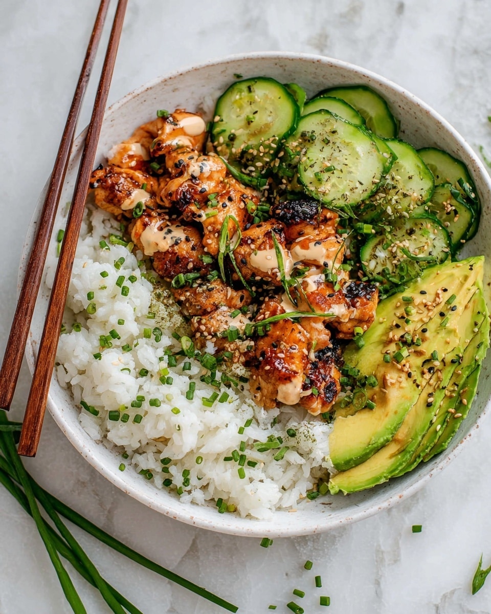 A white bowl holds a colorful dish with three main layers. On the left side, there is a bed of fluffy white rice sprinkled with small green chives. On top of the rice and towards the right, there are pieces of grilled, browned chicken with a light pink sauce drizzled over them, and some sesame seeds and chives sprinkled on top. To the upper right of the chicken, there are fresh, bright green slices of avocado with seasoning scattered over. Above the chicken and avocado is a layer of thin cucumber slices, also seasoned with small green herbs and seeds. Wooden chopsticks rest on the edge of the bowl on the left. The bowl is placed on a white marbled textured surface with a few green chive stems nearby. Photo taken with an iphone --ar 4:5 --v 7