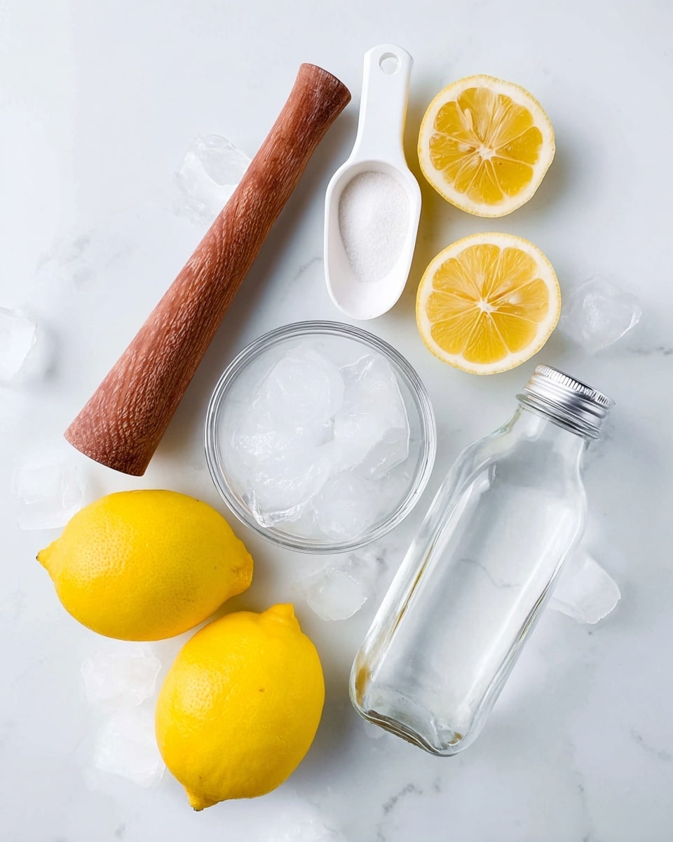 The image shows fresh ingredients on a white marbled surface, including two whole bright yellow lemons at the bottom, and two lemon halves with visible seeds placed near the top left and right sides. There is a wooden muddler with a textured end positioned vertically on the left side. In the center, there is a small transparent glass bowl filled with white granulated sugar, surrounded by clear ice cubes which also fill a white plastic scoop placed diagonally near the top center. On the right side near the bottom is a clear glass bottle filled with a transparent liquid and topped with a shiny silver cap. Photo taken with an iphone --ar 4:5 --v 7