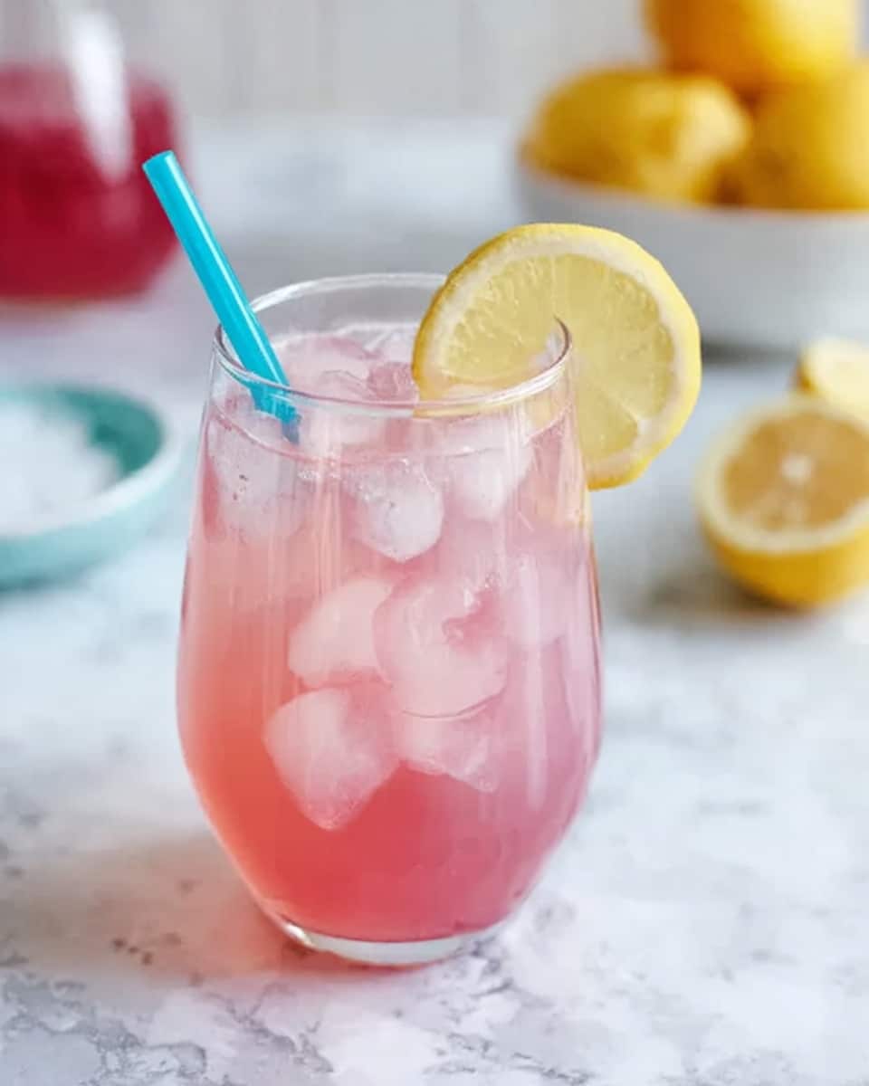 A clear glass filled with pink lemonade and ice cubes is shown. Inside the drink, a blue straw stands upright on the left side. A thin slice of lemon is placed on the rim of the glass near the top right. The glass sits on a white marbled surface, with blurred lemons and a bowl in the background. The scene is bright and fresh. photo taken with an iphone --ar 4:5 --v 7