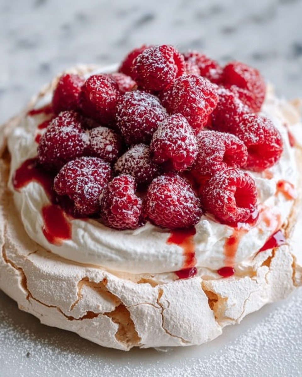 This image shows a round white dessert with three distinct layers. The bottom layer is a thick white meringue base that looks crisp and slightly crumbly. Above it is a creamy, smooth white filling that is soft and dense. The top layer is a glossy red raspberry sauce spread unevenly, topped with white whipped cream swirled in soft peaks and dotted with fresh bright red raspberries. One fresh raspberry lies on the white marbled surface near the dessert. The whole dish sits on a white plate, and the photo is taken with soft natural light giving a clean, fresh feel. Photo taken with an iphone --ar 4:5 --v 7