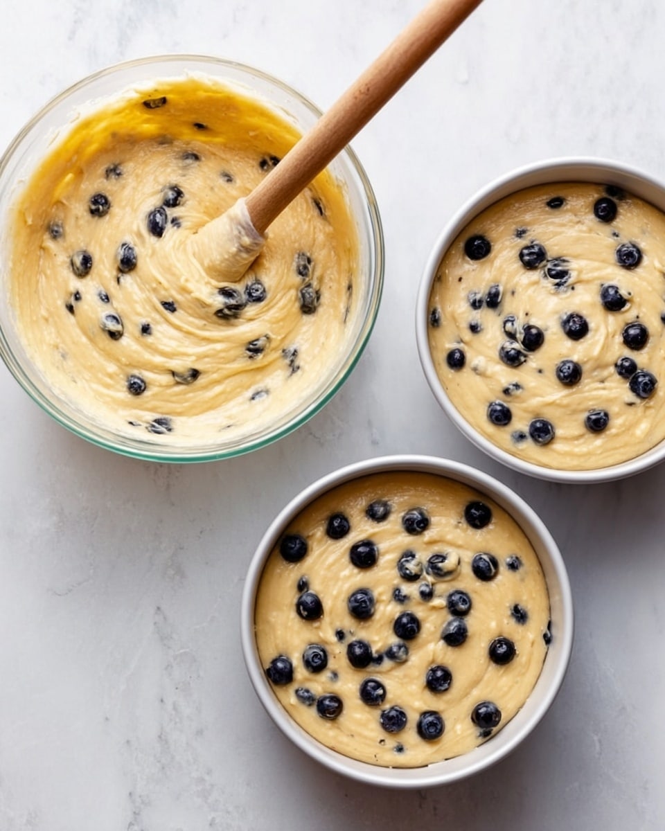 The image shows a clear glass mixing bowl filled with light yellow batter mixed with dark blueberries, with a wooden spatula resting inside, all placed on a white marbled surface. Next to it, there are three white round cake pans filled with the same batter with blueberries evenly spread on top, the batter smooth and swirled lightly in the pans. The scene is bright and clean, focusing on the preparation stage of the baked good. Photo taken with an iphone --ar 4:5 --v 7