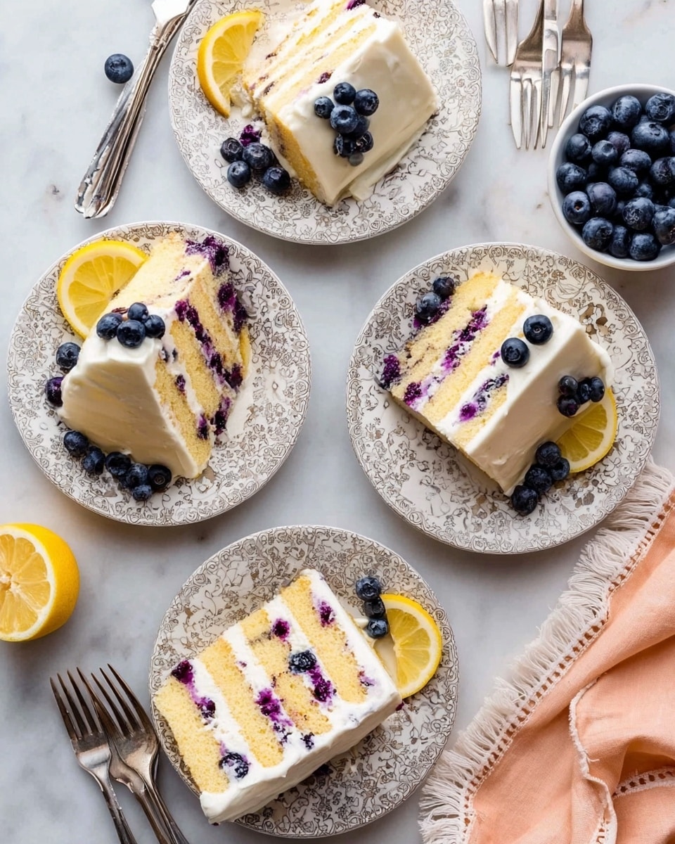 The image shows four slices of three-layer yellow cake on white patterned plates, each layer filled with purple-blue blueberries and white cream frosting. The outside of the cake is coated with smooth white frosting. Each slice is garnished with a small cluster of blueberries and a thin lemon slice on the plates. The plates are arranged on a white marbled surface, with three silver forks nearby and a small white bowl filled with blueberries to the side. A peach-colored cloth with white edges is in the corner of the image. The photo taken with an iphone --ar 4:5 --v 7