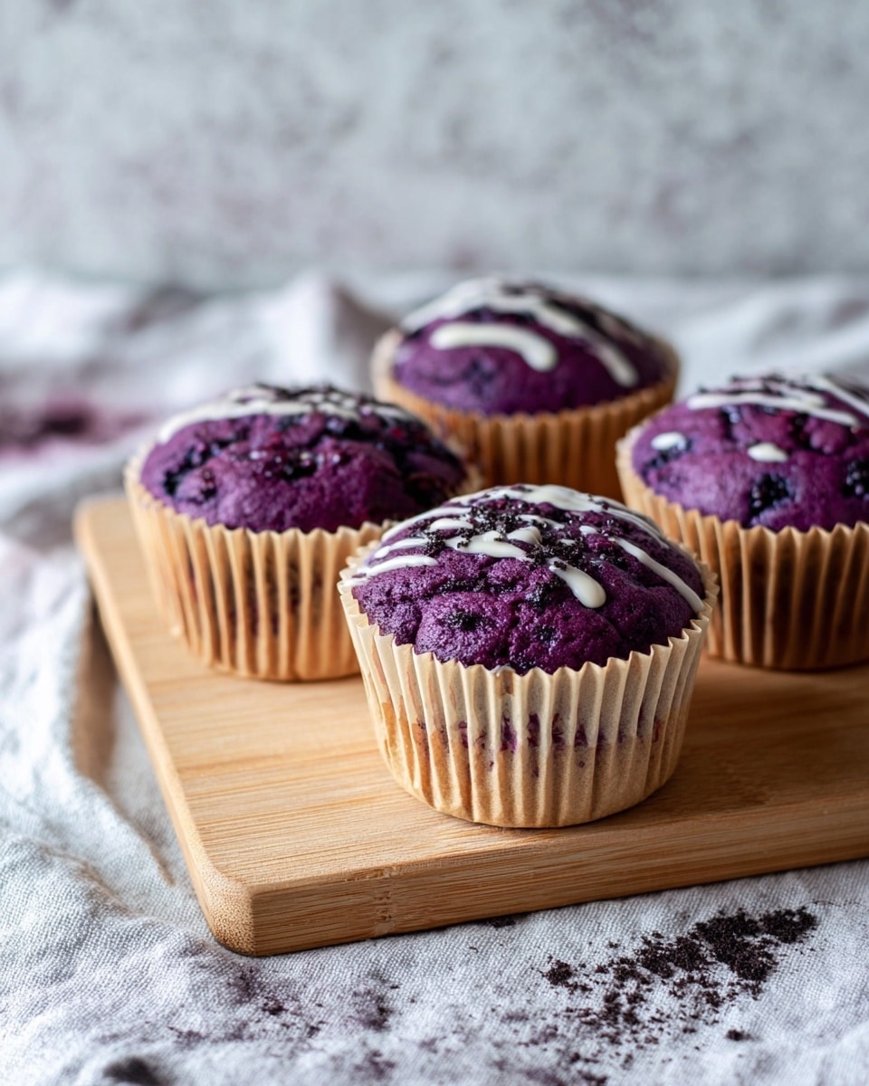 The image shows four purple muffins placed on a light wooden board. Each muffin has a deep purple top with small bits of dark and light spots, and a light drizzle of white icing on top. The muffins are wrapped in beige paper liners with visible ridges. The wooden board sits on a textured light grey cloth, with some dark crumbs scattered around. The background is a white marbled texture. Photo taken with an iphone --ar 4:5 --v 7