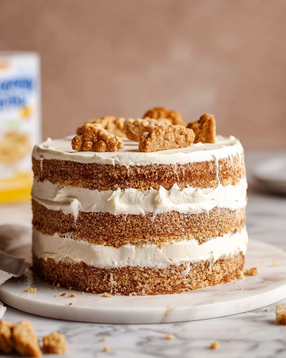 A three-layer cake sits on a white marbled surface, each layer made of a light brown, crumbly textured sponge. Between each sponge layer is a thick, smooth white cream filling. The cake is covered in the same white cream, creating a smooth outer surface. On top of the cake, there are several small, rough-textured cookie pieces in a golden brown color placed casually. The cake is shown close up with an out-of-focus box of sugar in the background. photo taken with an iphone --ar 4:5 --v 7