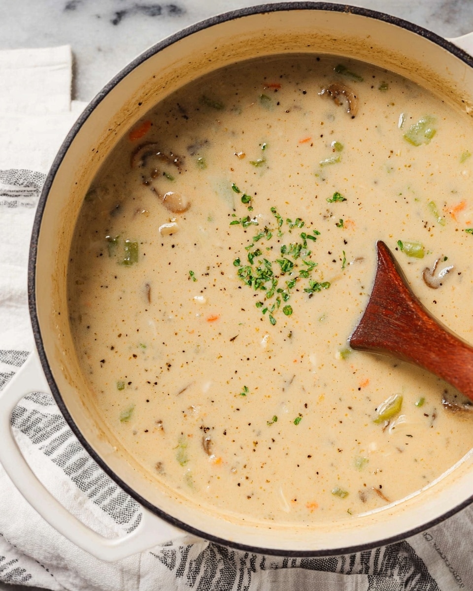 A large white pot filled with creamy beige soup that has small chunks of light brown and green vegetables and herbs scattered throughout. The soup looks thick and smooth with a few specks of black pepper and green herbs on top. A wooden spoon is partially visible stirring the soup inside the pot. The pot is on a white marbled surface with a white and gray striped cloth underneath. photo taken with an iphone --ar 4:5 --v 7
