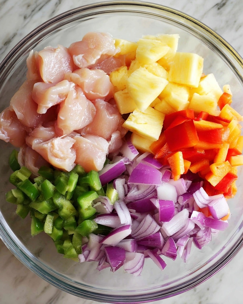 A clear glass bowl contains four types of ingredients arranged in separate sections. One section has light pink raw chicken pieces with a smooth texture and soft edges. Next to it are small pale yellow cubes of pineapple with a juicy appearance. Another section holds chopped green peppers showing a fresh green color and firm texture. The last section features chunks of red onions, showing purple and white rings with a slightly shiny surface, along with pieces of orange and red bell peppers adding bright colors. The bowl sits on a white marbled surface. photo taken with an iphone --ar 4:5 --v 7