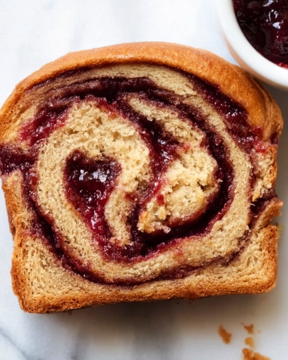 A close-up of a thick slice of light brown bread with a soft, crumbly texture. The bread has dark red swirls of jam running through it in wavy patterns, with some pools of jam visible on the surface. The background is a white marbled texture and part of the loaf is seen behind the slice. photo taken with an iphone --ar 4:5 --v 7