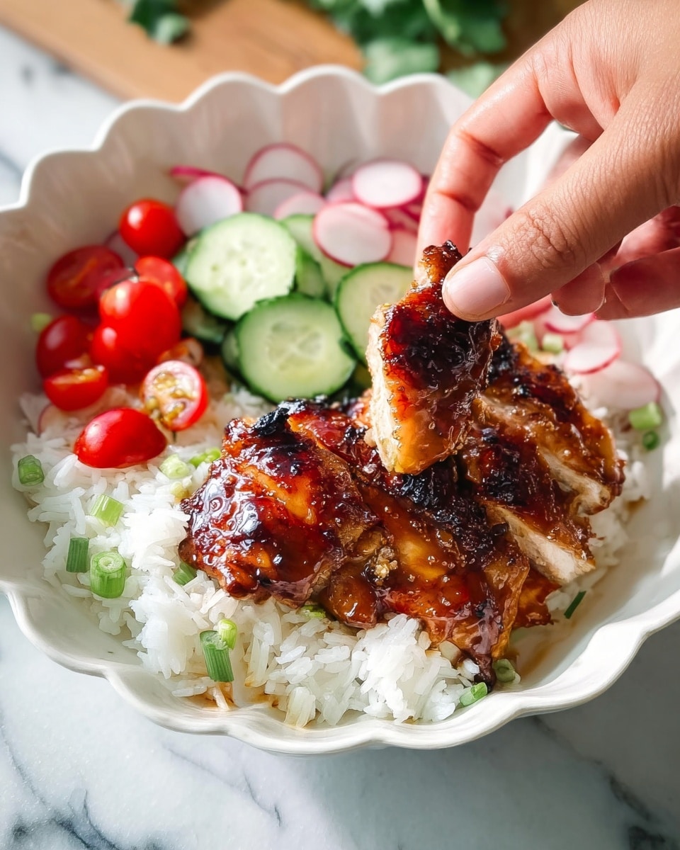 A white scalloped bowl contains three layers: the bottom layer is white rice with small green onion pieces mixed in, the middle layer has two pieces of grilled chicken with a shiny, dark caramelized glaze and slightly charred edges, and the top layer shows a fresh salad made of sliced cucumber, halved cherry tomatoes, and thin radish slices to the side. A woman's hand is holding a piece of the glazed chicken over the bowl, with a white marbled surface underneath. photo taken with an iphone --ar 4:5 --v 7