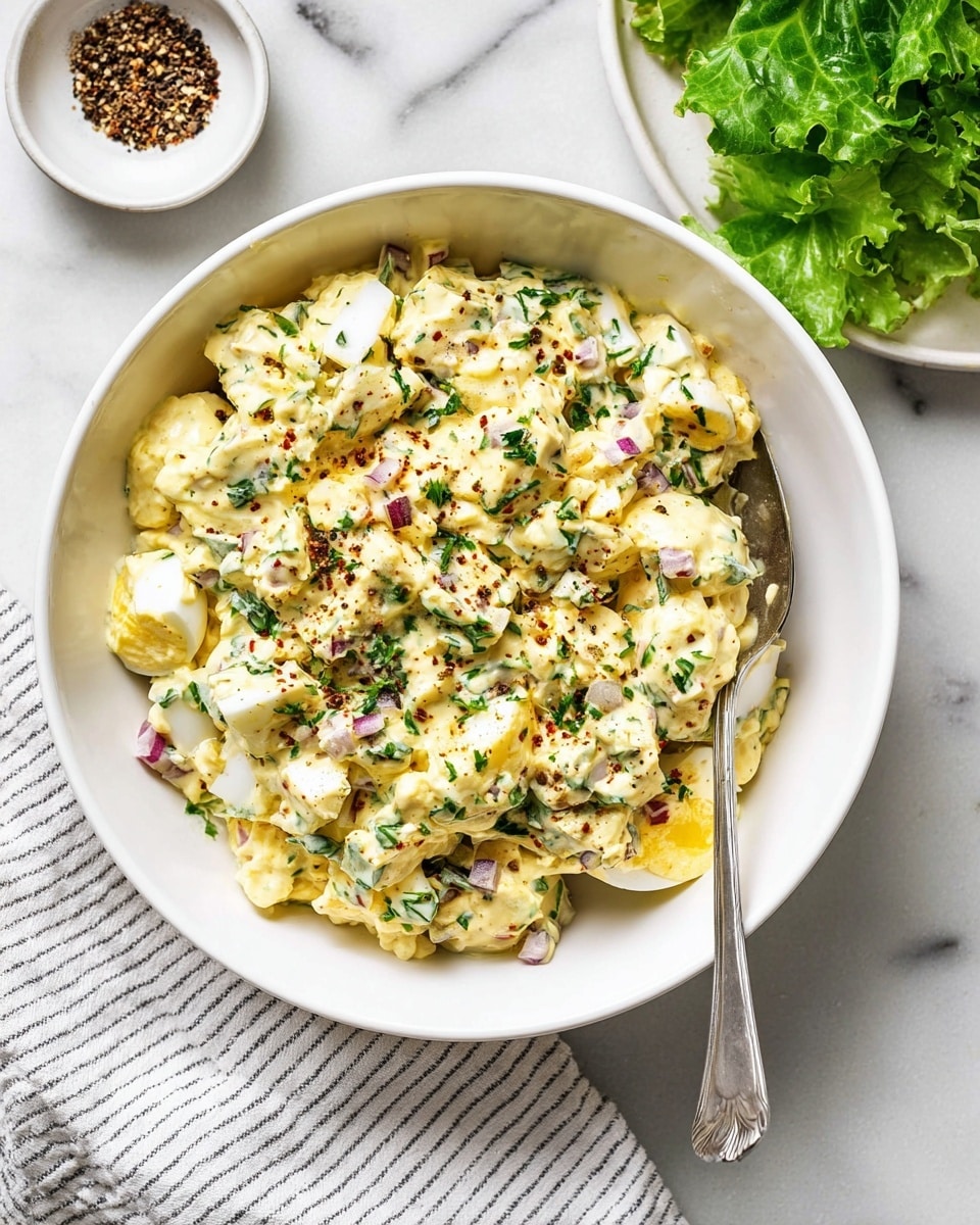 A white bowl filled with a creamy egg salad made of roughly chopped hard-boiled eggs mixed with a yellowish dressing, speckled with green chopped herbs, small pieces of red onion, and black pepper sprinkled on top. A silver spoon rests inside the bowl, partially covered by the salad. To the top right, a white plate holds fresh green leafy lettuce, and toward the top left, a small white bowl contains coarse black pepper flakes on a white marbled surface. A striped white and gray cloth is partially visible under the bowl. Photo taken with an iphone --ar 4:5 --v 7