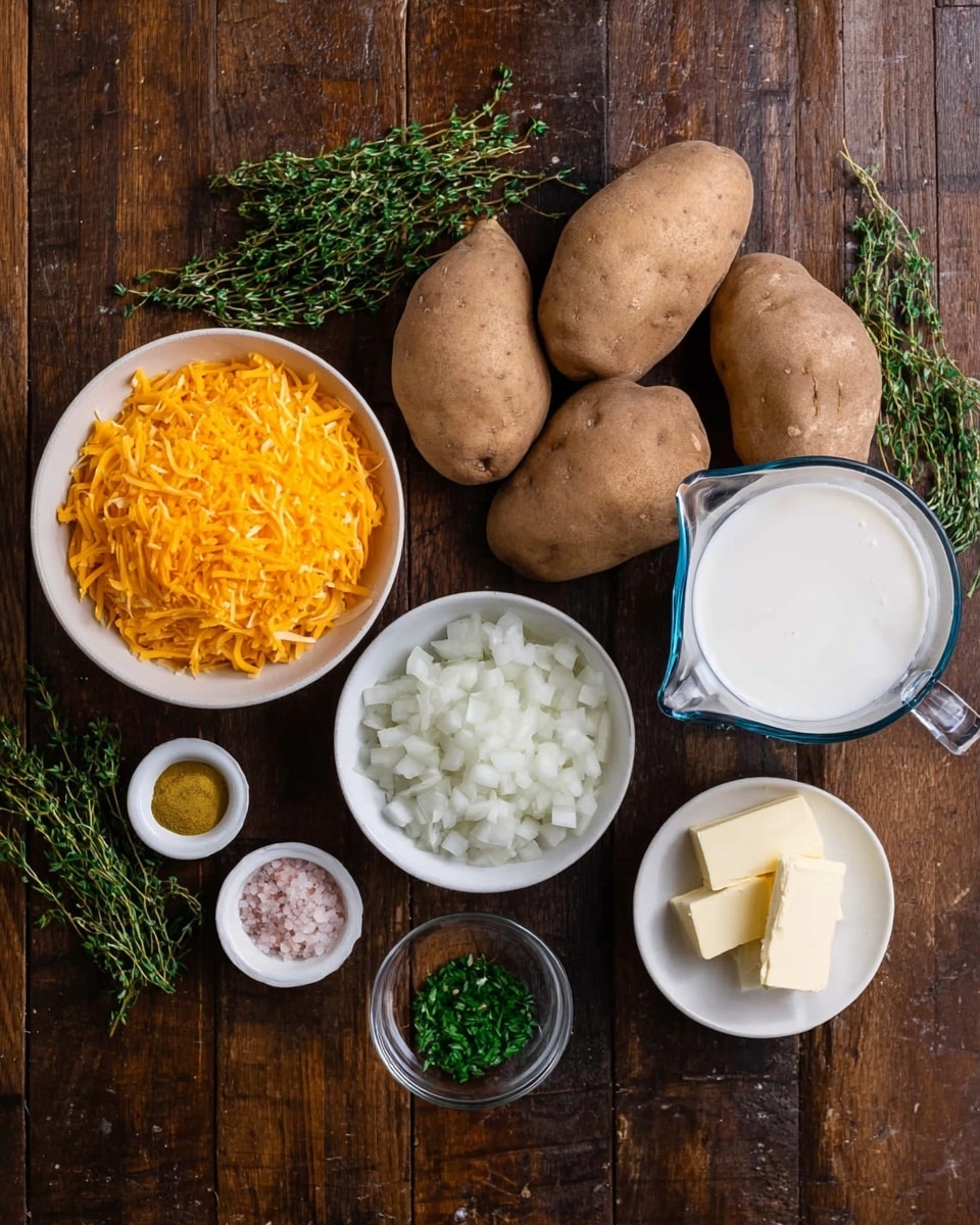 The image shows several cooking ingredients arranged neatly on a dark wooden surface. There are three medium brown potatoes placed near the top center. Below the potatoes, a white bowl filled with bright orange shredded cheese is on the left, and next to it, a white bowl with diced white onions is in the center. To the right, there is a clear glass measuring cup filled with white milk. Near the bottom left, small white bowls hold mustard, chopped green herbs, and a mix of black pepper and pink salt, while a small clear bowl holds two sticks of butter. Fresh green thyme sprigs are scattered around the bowls. The whole setup is on a white marbled texture, photo taken with an iphone --ar 4:5 --v 7