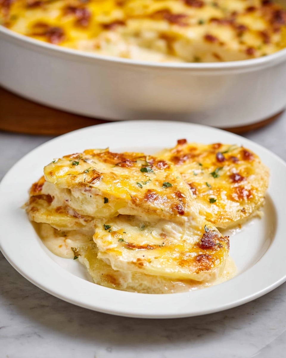 A white plate holds three round slices of a layered dish covered in melted, golden-yellow cheese with some browned spots. The slices have a creamy, soft texture with visible thin layers inside, and there are small green herb bits sprinkled throughout, adding color. In the background, there is a white ceramic baking dish filled with the same dish, showing its bubbling, browned cheese top. The setting is on a white marbled surface. photo taken with an iphone --ar 4:5 --v 7