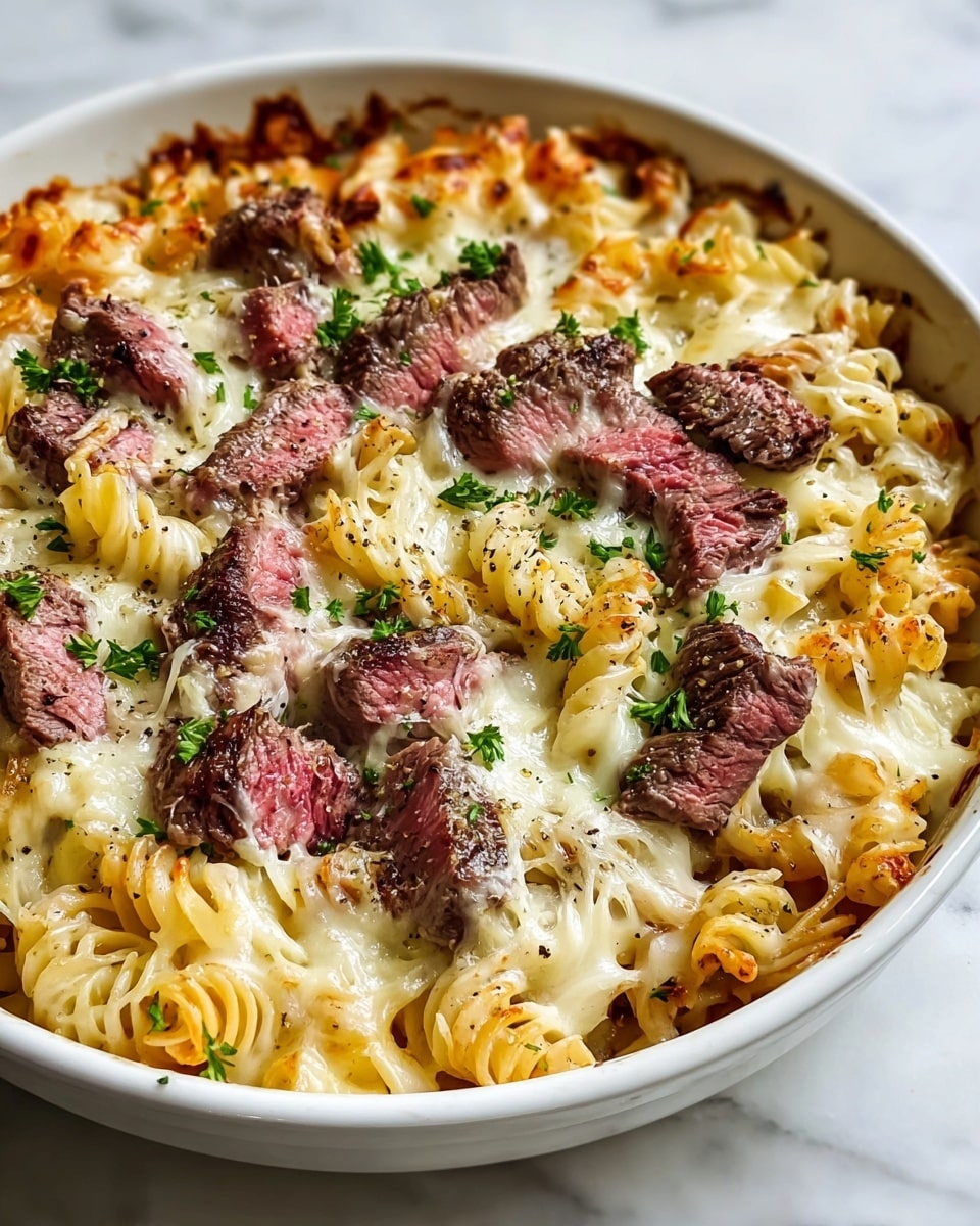 A white round dish filled with a baked pasta layer of pale yellow twisted rotini, topped with melted white cheese that is slightly golden and bubbly, scattered with pieces of medium-rare cooked beef showing a pink center and a dark brown seared edge, garnished with small sprigs of bright green parsley and a sprinkle of black pepper on top, all set on a white marbled surface photo taken with an iphone --ar 4:5 --v 7