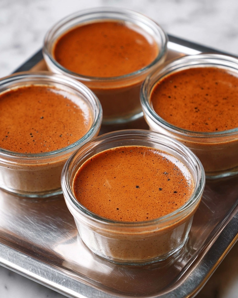 Four clear glass ramekins are filled with a smooth, shiny, dark caramel-colored pudding that has a few tiny black specks scattered on the surface. Each ramekin shows a creamy light brown layer beneath the caramel top, giving the dessert two layers in total. These ramekins rest close together on a shiny silver tray that reflects light softly. The background is a white marbled texture. photo taken with an iphone --ar 4:5 --v 7
