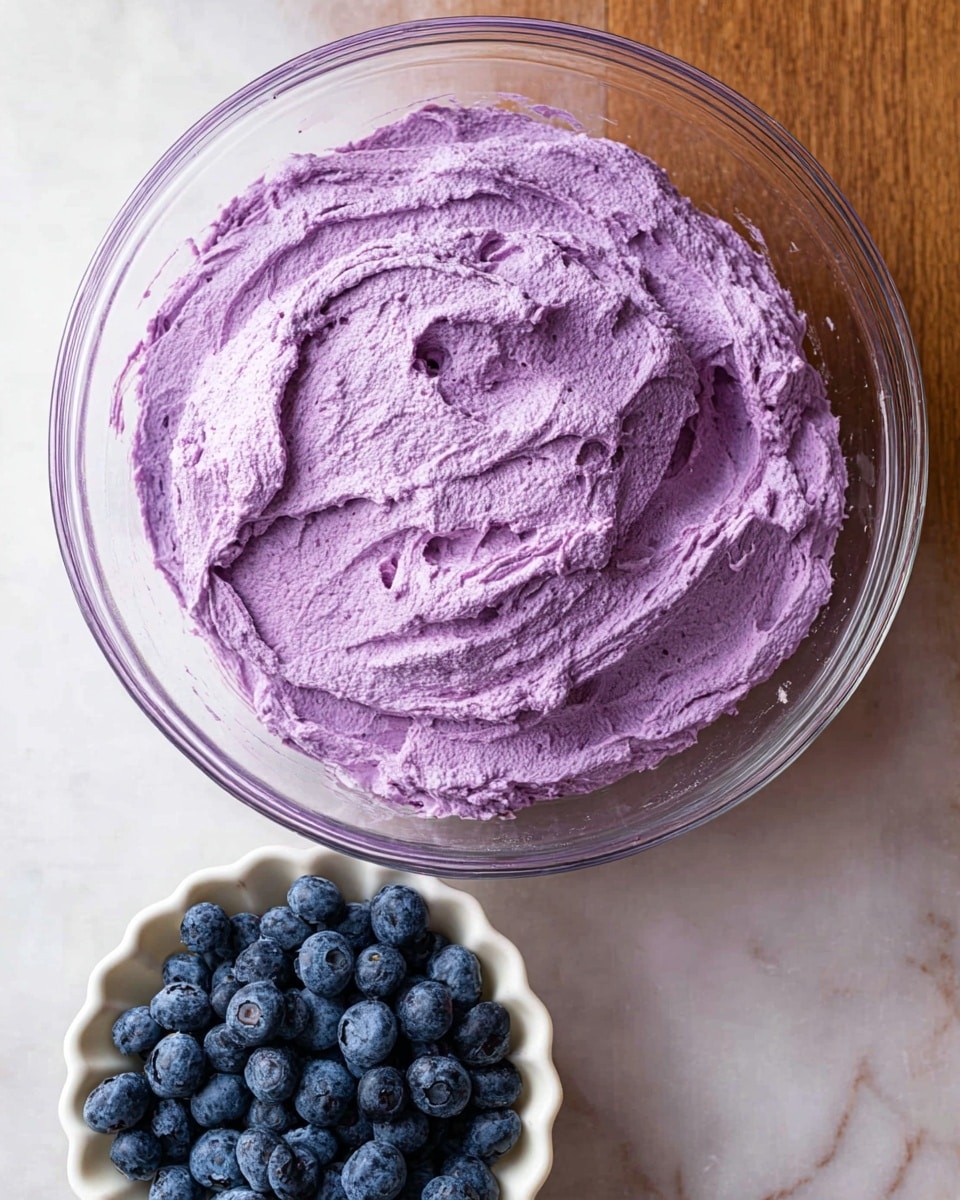 A clear round glass bowl is filled with a fluffy, smooth purple cream that has a thick texture, slightly swirled on the surface. The purple layer looks soft and airy with bits of darker purple mixed in. Below and to the left of the bowl is a white small fluted dish filled with round, fresh blueberries that have a deep blue color with a light powdery bloom on them. Both items rest on a white marbled texture surface. photo taken with an iphone --ar 4:5 --v 7