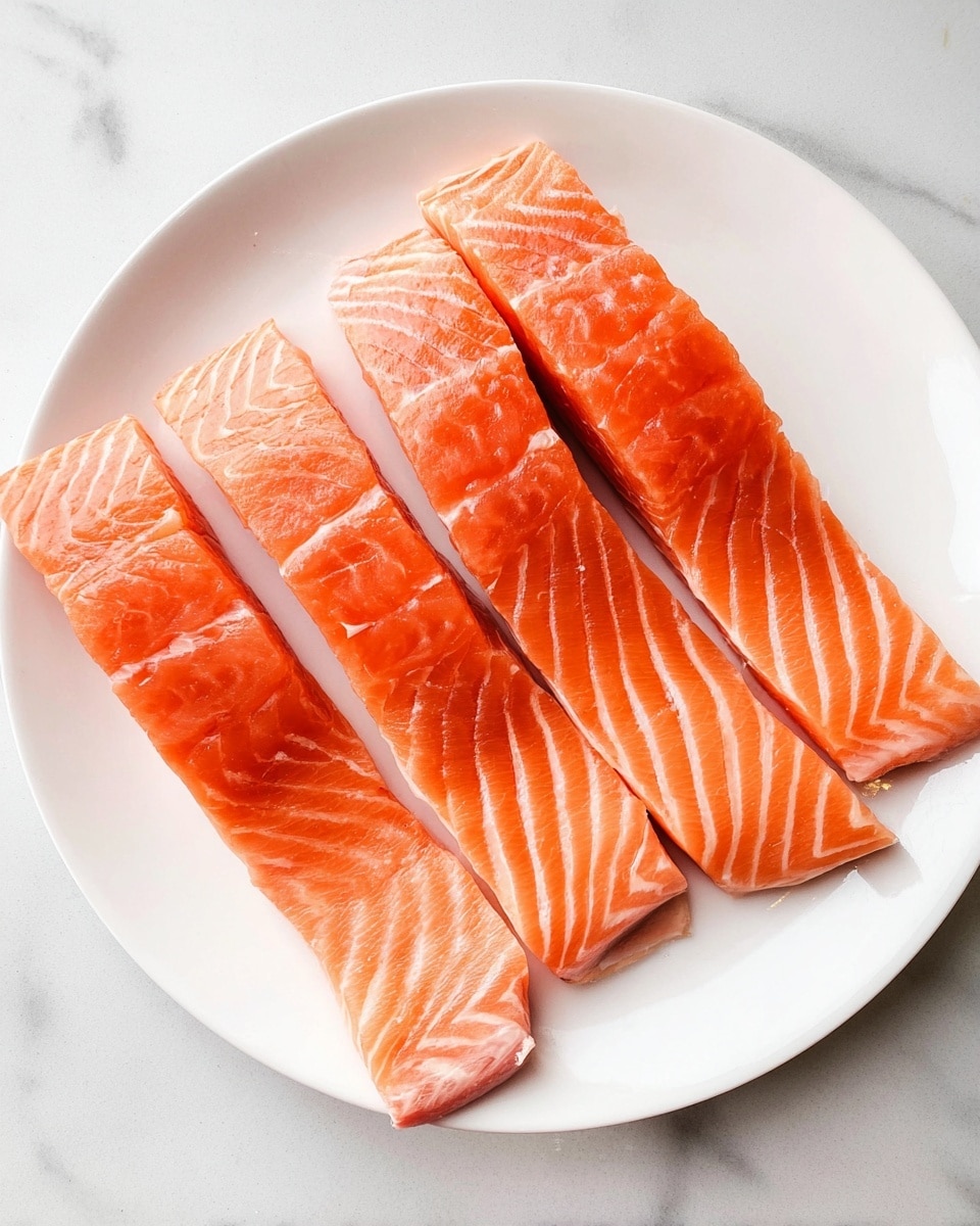 The image shows four raw salmon fillets placed side by side on a white plate. Each fillet has a bright orange color with visible white fat lines running diagonally through them, giving a fresh and smooth texture. The fillets are arranged neatly from left to right, with the thick ends towards the top of the plate and thinner ends pointing downward. The plate lies on a white marbled surface, adding a clean and simple background to the composition. photo taken with an iphone --ar 4:5 --v 7
