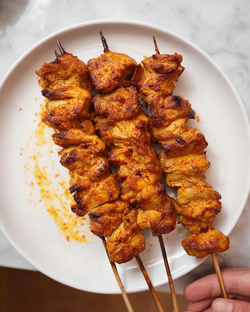 Three skewers of grilled meat pieces are placed side by side on a white plate. Each skewer holds several layers of chunky, golden-brown meat with a slightly crispy and seasoned outer texture. The meat appears juicy and tender, with hints of reddish-orange seasoning visible on the surface. The plate rests on a white marbled surface, and a woman's hand is holding the edge of the plate from the bottom right corner. Photo taken with an iphone --ar 4:5 --v 7