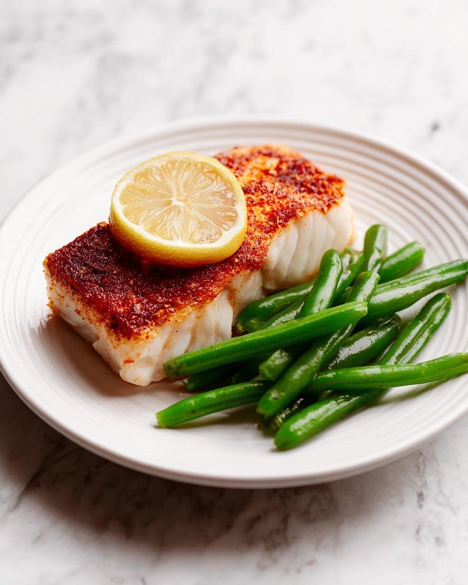A white plate holds two main parts: on the left, a thick piece of cooked fish with a reddish-brown, slightly rough textured top layer, and a pale, soft-looking bottom layer. A small yellow lemon wedge with visible seeds and textured inside sits on top near the middle. On the right side of the plate, there is a bunch of slender, bright green beans that look fresh and slightly shiny, arranged in a small pile. The plate rests on a white marbled surface. photo taken with an iphone --ar 4:5 --v 7