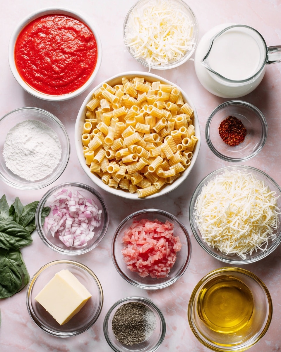 The image shows a white bowl full of uncooked small tube pasta placed in the center on a white marbled surface. Surrounding it are various white bowls and glass containers holding different ingredients: bright red thick tomato sauce in a white bowl at the top left, a clear glass pitcher with milk at the top right, shredded white cheese in a white bowl below the pitcher, white salt in a small white bowl to the left, a small white bowl with red pepper flakes to the right, finely chopped red onions in a glass bowl below the red pepper flakes, black pepper in a white bowl at the bottom right, a small glass bowl with golden olive oil at the bottom middle right, finely chopped garlic in a small glass bowl at the bottom middle left, a small glass bowl holding a square piece of butter near the bottom left, and fresh green basil leaves partially visible to the far left. The bowls and ingredients form a neat layout on the white marbled surface. Photo taken with an iphone --ar 4:5 --v 7