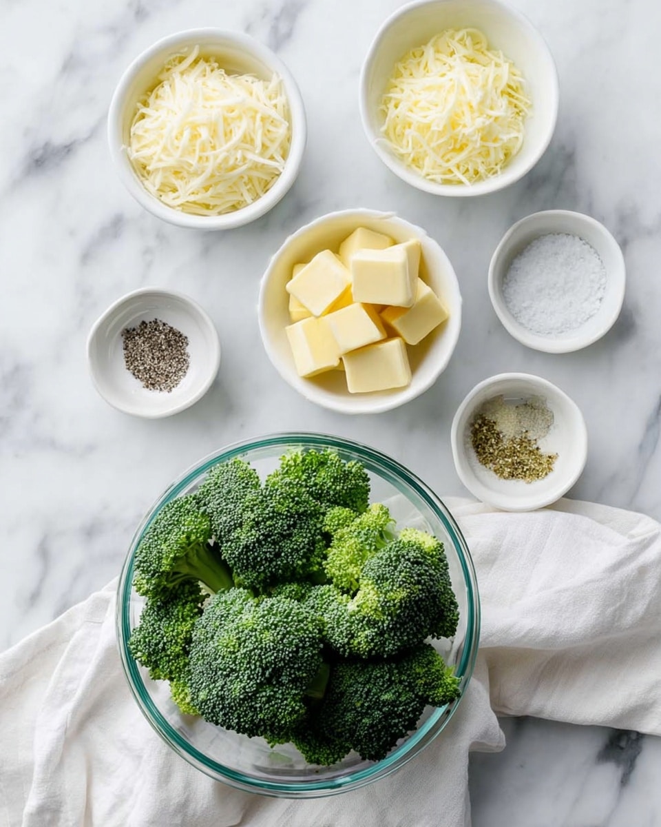 The image shows six small bowls arranged on a white marbled surface with soft white cloth around them. At the bottom center is a clear glass bowl full of fresh, dark green broccoli florets. Above it, there are five small white bowls. From left to right, the first one contains finely shredded pale yellow cheese, the second holds a pile of light yellow butter cubes, the third bowl has finely chopped light yellow garlic, and the other two small glass bowls contain salt and black pepper, each showing the distinct white crystals and dark granules. The setup has a clean and fresh look with natural daylight lighting. Photo taken with an iphone --ar 4:5 --v 7