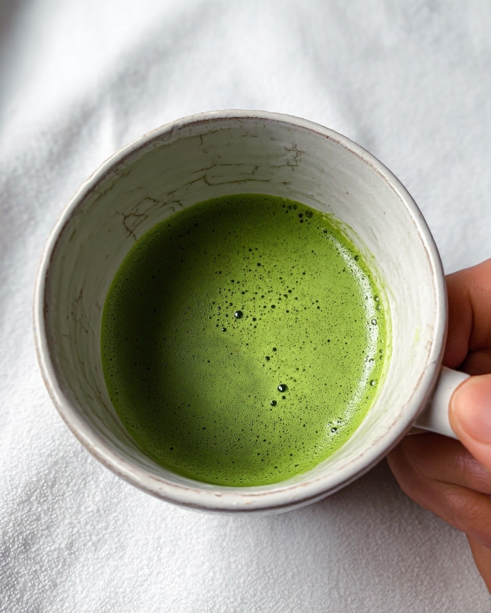A close-up view of a white ceramic cup with a subtle crackled texture filled about halfway with bright green frothy matcha tea, small bubbles visible on the surface. A woman's hand gently holds the cup from below, with the thumb resting near the handle. The cup is set against a white marbled textured background, adding a soft and clean look to the image. photo taken with an iphone --ar 4:5 --v 7