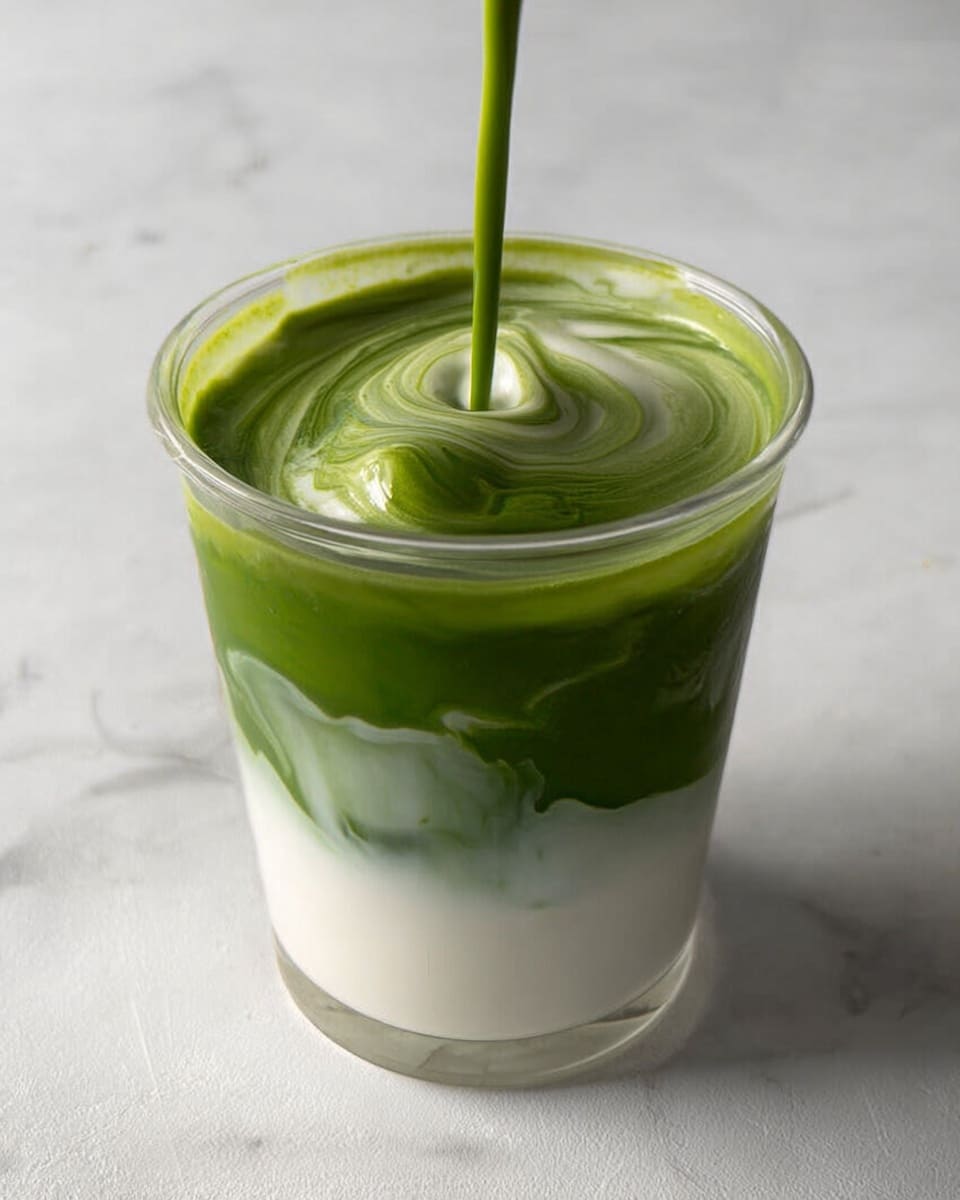 A clear glass contains a three-layered drink set against a white marbled background. The bottom layer is milky white with a smooth texture filling about one-third of the glass. Above this, a thick, vibrant green matcha layer swirls gently into the white below, blending softly at the edges. The top layer features creamy white foam twisting with the green matcha as a thin stream of liquid pours into the center, creating a whirling pattern. The glass rim is clearly visible, and the overall look is fresh and smooth. Photo taken with an iphone --ar 4:5 --v 7
