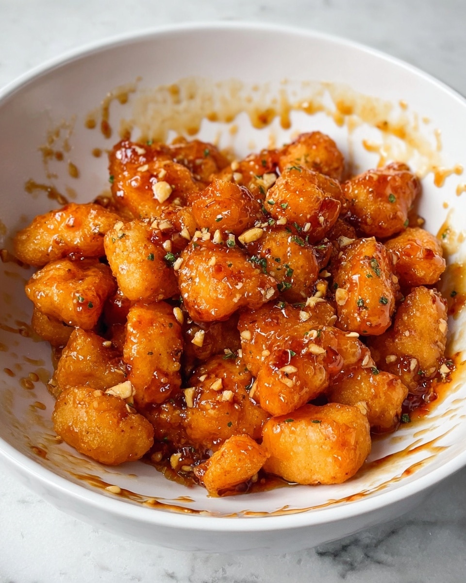 The image shows a white bowl filled with small golden brown pieces of fried food, each coated in a shiny, sticky orange-brown sauce with small bits of garlic spread on top and mixed throughout. The sauce lightly drips and splashes along the inside edges of the bowl, adding texture and color contrast. The bowl sits on a white marbled surface that enhances the warm tones of the food, making it look fresh and flavorful. photo taken with an iphone --ar 4:5 --v 7
