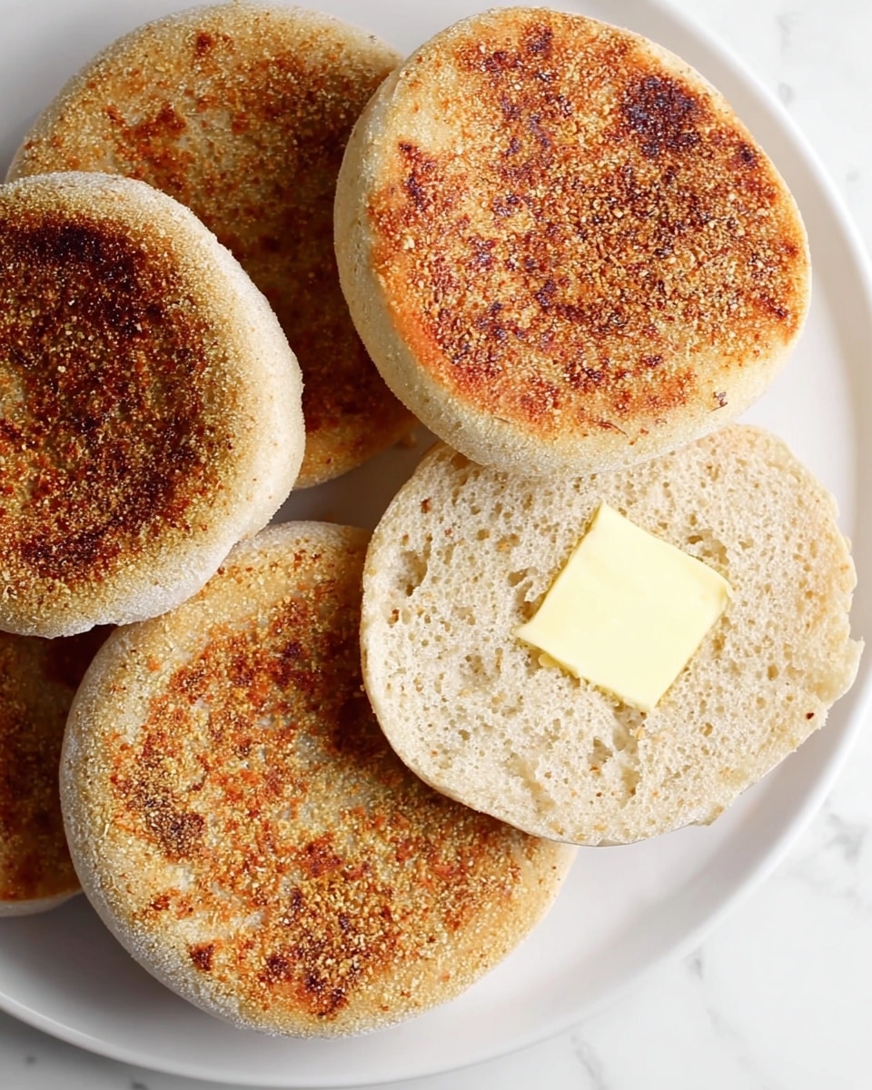 The image shows four round English muffins stacked on a white plate, placed on a white marbled surface. Each muffin has a light golden-brown top with a slightly rough texture, dusted with some coarse cornmeal. The muffins are thick and fluffy, with their sides showing a pale beige color and a soft, slightly cracked surface. In the background, a white rectangular plate holds a block of yellow butter, slightly out of focus. The overall setting has a clean, fresh look with natural light highlighting the warm tones of the muffins. photo taken with an iphone --ar 4:5 --v 7