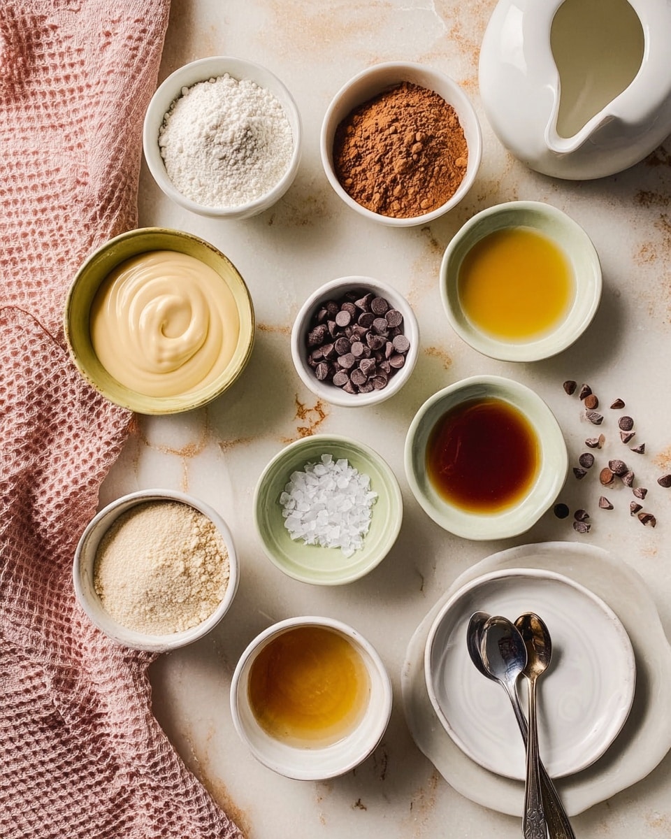 This image shows a top-down view of ten small white bowls and plates arranged on a white marbled surface, each holding a different cooking ingredient. The bowls and plates contain light brown powder, off-white flour, creamy pale yellow thick substance, transparent liquid, golden syrup, dark brown chocolate chips, dark amber vanilla extract, and a small pile of white salt or sugar crystals. A pink textured cloth is placed on the upper left corner, and next to it is a white teapot's spout. On the right side, a white plate holds two metal spoons. The overall colors are soft and warm, with natural light enhancing the textures and details. Photo taken with an iphone --ar 4:5 --v 7
