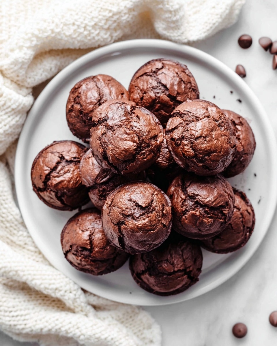 A white plate is full of about fifteen round chocolate muffins with cracked tops showing a soft texture inside. The muffins are dark brown, closely grouped in the center of the plate, with uneven but inviting round shapes. Around the plate is a creamy white knitted cloth and a white marbled surface with some small chocolate chips scattered. The lighting is bright and natural, highlighting the shiny cracked tops and soft details of the muffins. photo taken with an iphone --ar 4:5 --v 7