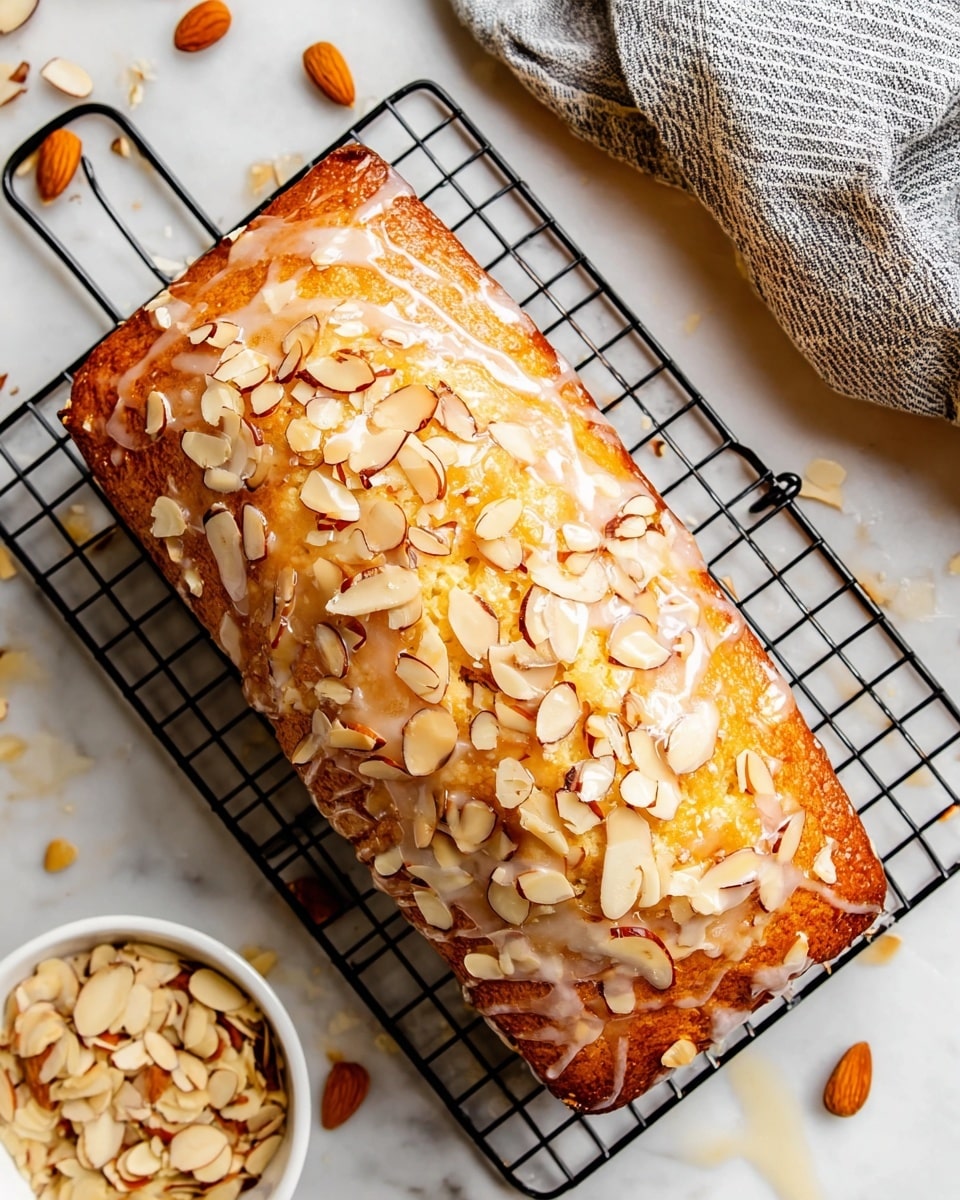 A golden loaf cake sits on white crumpled paper atop a white marbled surface, sliced into three thick pieces. The cake’s top layer is shiny and covered with scattered slivered almonds, some of which spill onto the paper. The inside of the cake is a soft light yellow color with a fluffy texture. In the foreground, a white bowl with more almond slices and a glass bowl with a metal whisk are partially visible. To the right, a knife with a dark wooden handle rests on a white and gray striped cloth beside a baking pan. photo taken with an iphone --ar 4:5 --v 7