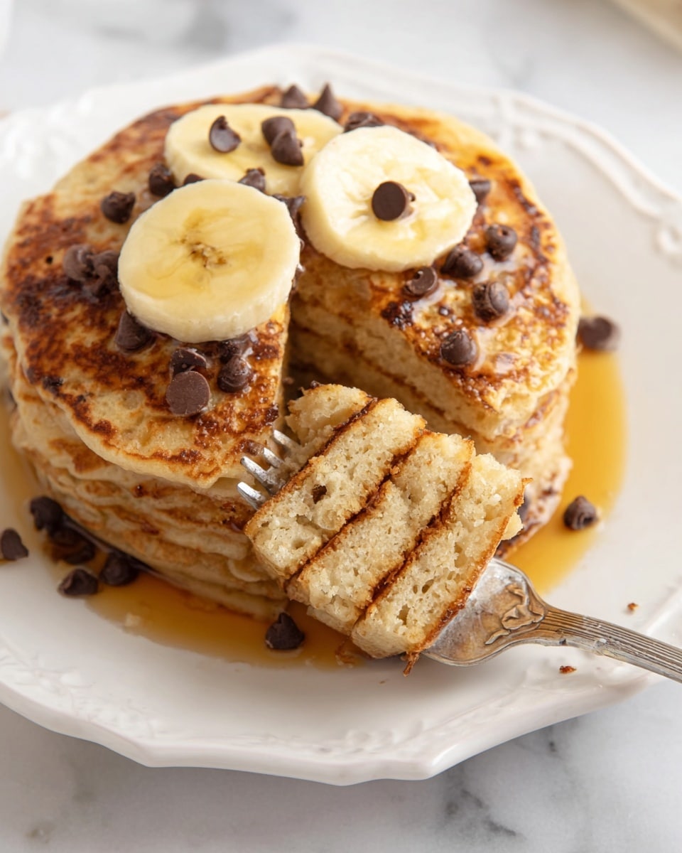A stack of seven thick, golden-brown pancakes sits in the center of a white scalloped plate on a white marbled surface. Several round slices of light yellow banana are scattered on and around the pancakes, decorated with small dark chocolate chips both on top and around the plate. A woman's hand holds a small white pitcher, pouring dark maple syrup onto the middle of the top pancake, creating a rich, glossy pool. In the background, a glass jar filled with dark chocolate chips adds depth to the scene. Photo taken with an iphone --ar 4:5 --v 7