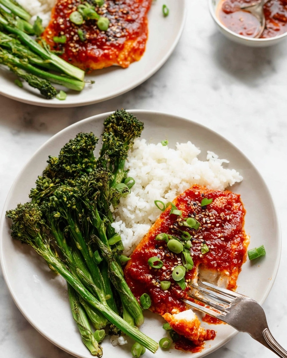 A white plate on a white marbled surface holds three main parts: a layer of green broccolini with long stems and small florets on the left, steamed white rice with a slightly fluffy texture on the top right, and a piece of fish covered with a thick red sauce sprinkled with sesame seeds and green sliced scallions on the bottom right. A silver fork touches the fish, showing a bite-sized piece lifted. Another similar white plate with the same food and a small white bowl with extra sauce are partially visible in the background. Photo taken with an iphone --ar 4:5 --v 7