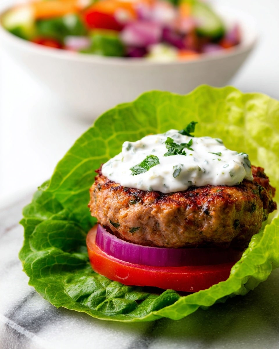 The image shows a fresh lettuce leaf as the base, bright green with a textured surface, holding a juicy, cooked patty that looks slightly browned and seasoned. On the patty, there is a dollop of creamy white sauce with small green herb pieces sprinkled on top. Below the patty, there is a clear slice of deep red tomato and a ring of purple onion visible. In the blurred background, there is a white bowl filled with a colorful fresh salad. The whole scene is set on a white marbled surface. photo taken with an iphone --ar 4:5 --v 7