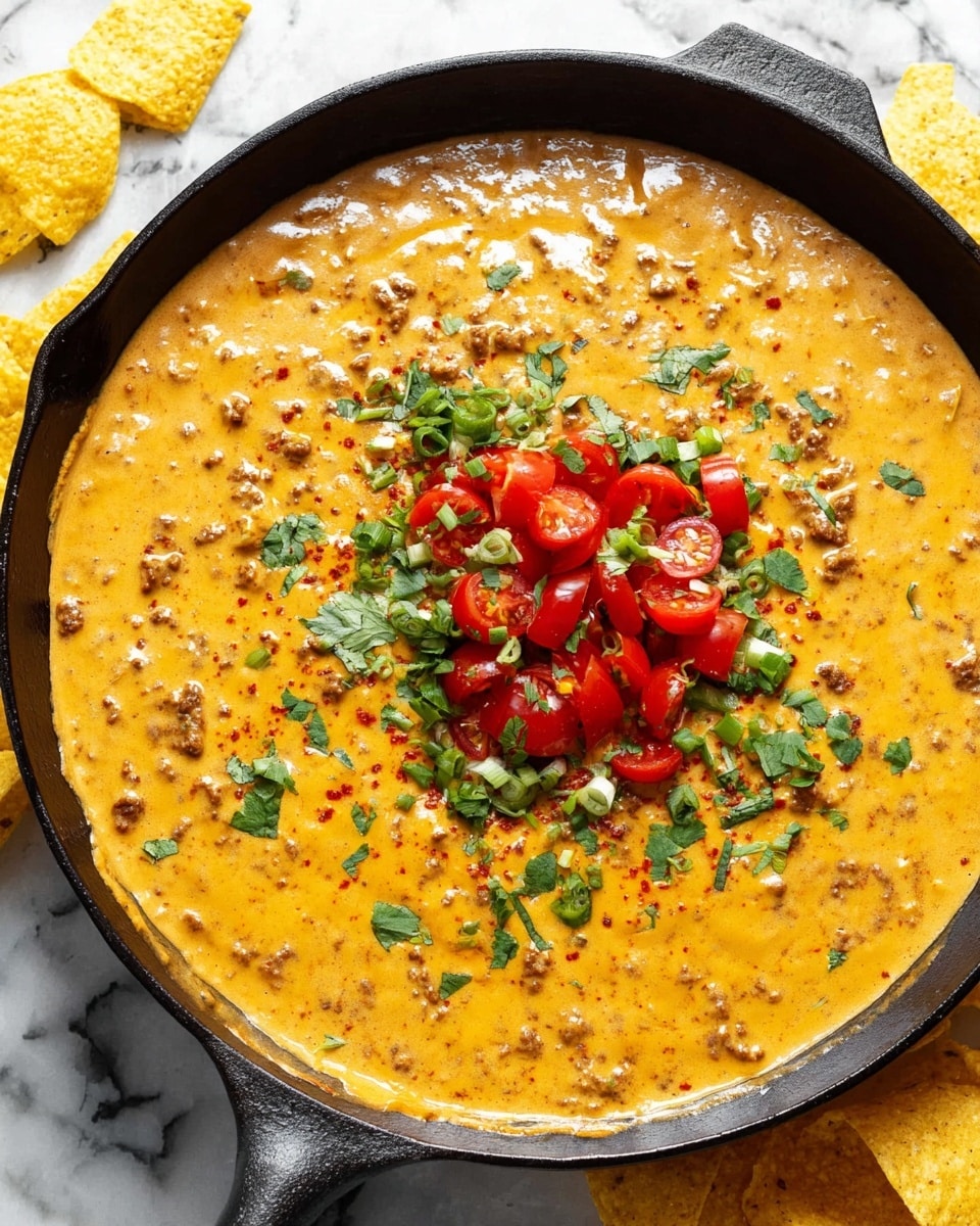 A black cast iron pan filled with one thick and creamy layer of yellow-orange cheese sauce mixed evenly with small brown bits of ground meat, topped in the center with a small pile of sliced red cherry tomatoes, chopped green scallions, and fresh green cilantro leaves. The pan rests on a white marbled surface with scattered yellow tortilla chips around it. photo taken with an iphone --ar 4:5 --v 7