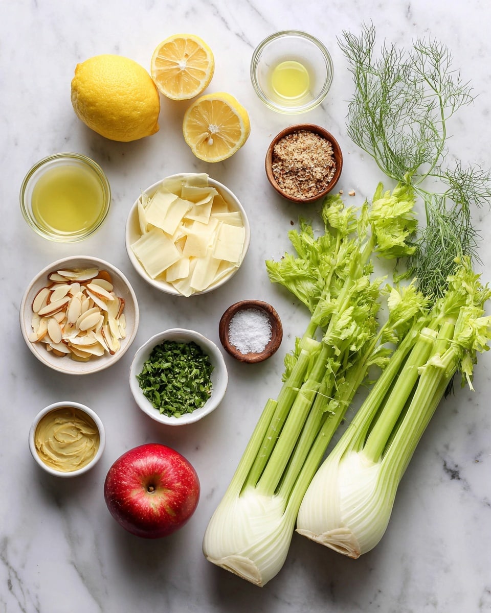 The image shows fresh ingredients on a white marbled surface arranged in a neat layout. Starting from the left, there are two halves of a bright yellow lemon, one small white bowl filled with thin wafer-like slices of pale yellow cheese, one small white bowl with sliced almonds, a small brown bowl with mustard, another small bowl containing light green chopped celery leaves, and a shiny red apple placed near the center bottom. On the right side, there are long light green celery stalks with leafy tops, and two white bulbs with feathery green tops of fennel lying side by side. Above the apple, there is a small wooden bowl filled with salt and pepper, a small glass bowl of clear light yellow oil, and another small glass bowl of pale yellow liquid, all neatly spaced. The background and surface are white marble, providing a clean and bright look. Photo taken with an iphone --ar 4:5 --v 7
