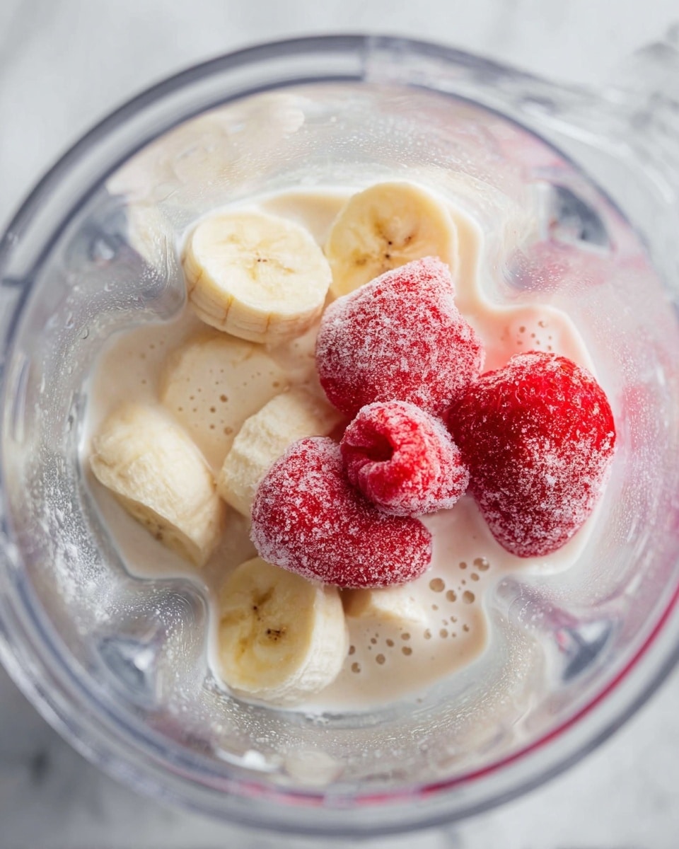 Inside a clear blender container on a white marbled texture, there are several layers of fruit and liquid. The bottom layer is a light creamy liquid, likely milk or yogurt, with small bubbles. On top of that, sliced pale yellow banana pieces are spread around the container's bottom and sides. Resting on the banana slices are four whole frozen strawberries, bright red with a white frost coating, clumped together on one side. The mixture shows a fresh and cool look, ready to be blended. photo taken with an iphone --ar 4:5 --v 7