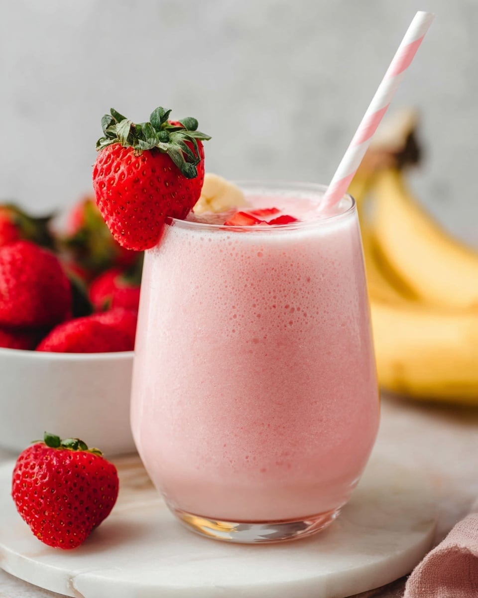 A clear glass filled with a thick, light pink smoothie that has a frothy texture. Small pieces of red strawberry float on top of the smoothie, with a light cream or banana slice peeking out near the center. A large, fresh strawberry with green leaves is placed on the rim of the glass. A white and pink striped straw is inside the glass, leaning towards the right. In the background, there is a white bowl filled with whole red strawberries and a few yellow bananas on a white marbled surface. A white marbled round board is under the glass. Photo taken with an iphone --ar 4:5 --v 7