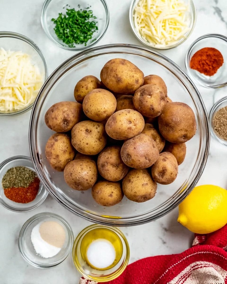 A large clear glass bowl filled with many small brown potatoes with rough skin sits in the center on a white marbled surface. Around the bowl, there are smaller clear glass bowls with different ingredients: finely chopped green herbs, white shredded cheese, red spice powder, mixed seasoning, ground black pepper, white powder, and yellow oil. A whole yellow lemon is placed near the top right. A red and white cloth partially appears on the lower right. The photo taken with an iphone --ar 4:5 --v 7